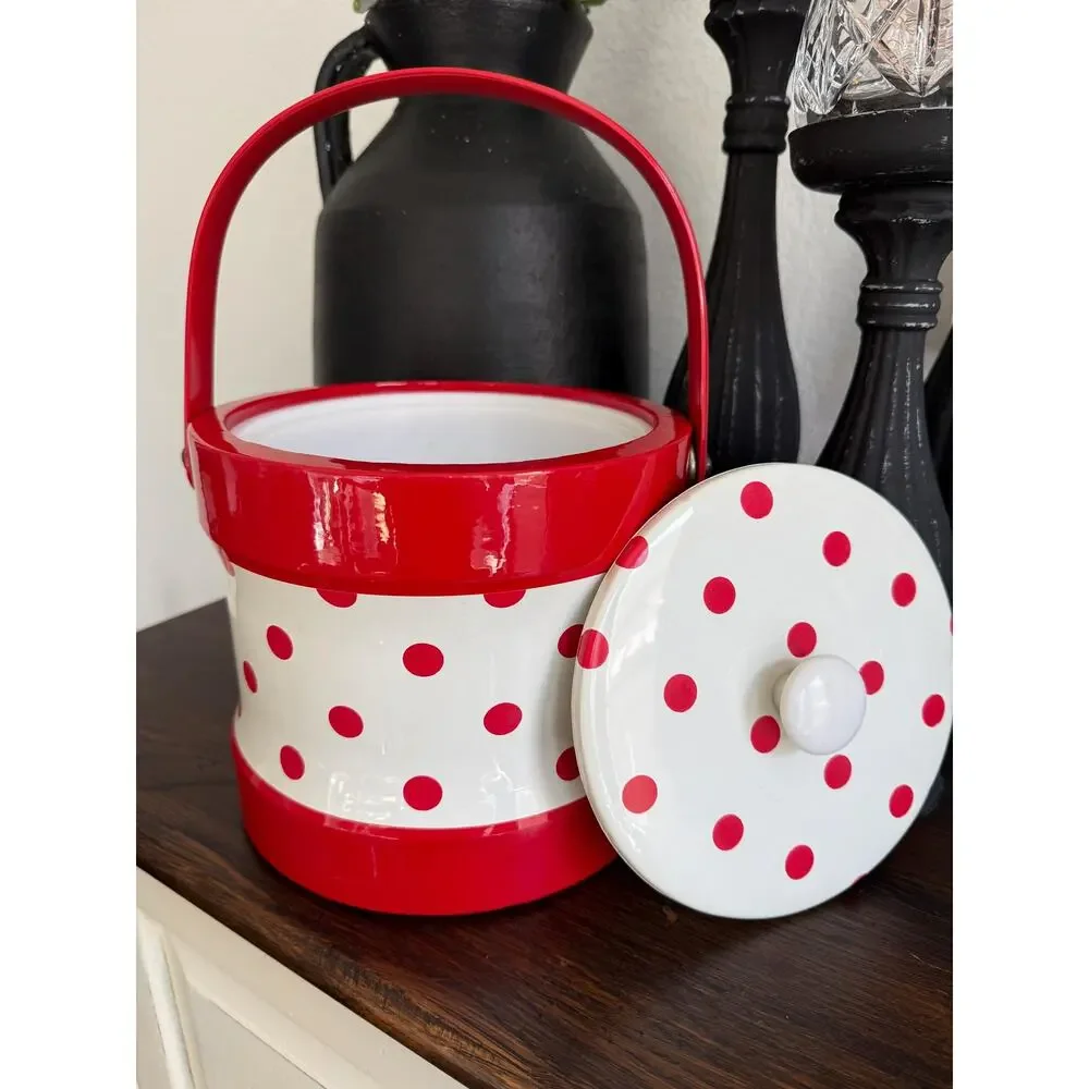 Vintage Red White Polka Dot Ice Bucket Retro Vinyl Barware Mid Century Style